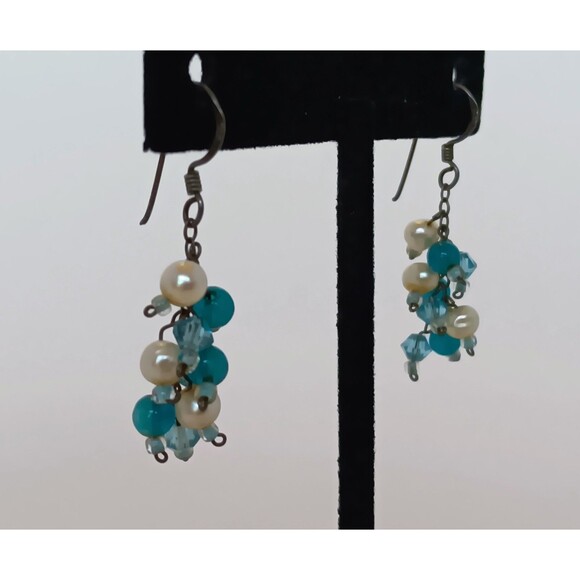 Sterling Silver Chalcedony & Pearl Cluster Dangle Earrings 1.5 in - Picture 4 of 13